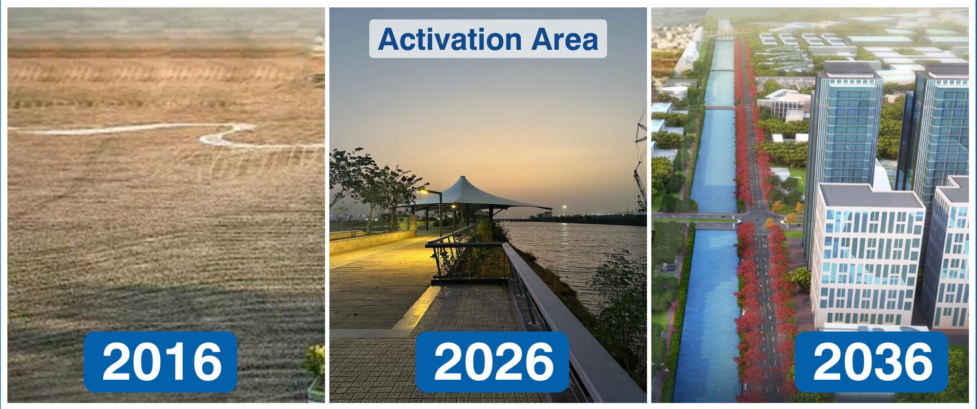 Dholera in 2016, the Activation Area in 2026, and a rendering of the planned city in 2036.
